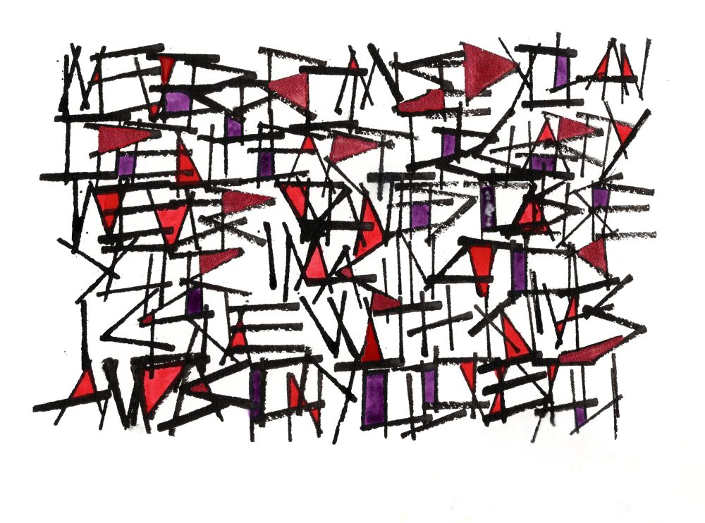 The artwork contains short overlapping black lines arranged in jagged, angular shapes which fill up a rectangular field; some of the closed shapes formed by the overlapping lines are filled with red or purple watercolor paint.