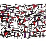 The artwork contains short overlapping black lines arranged in jagged, angular shapes which fill up a rectangular field; some of the closed shapes formed by the overlapping lines are filled with red or purple watercolor paint.