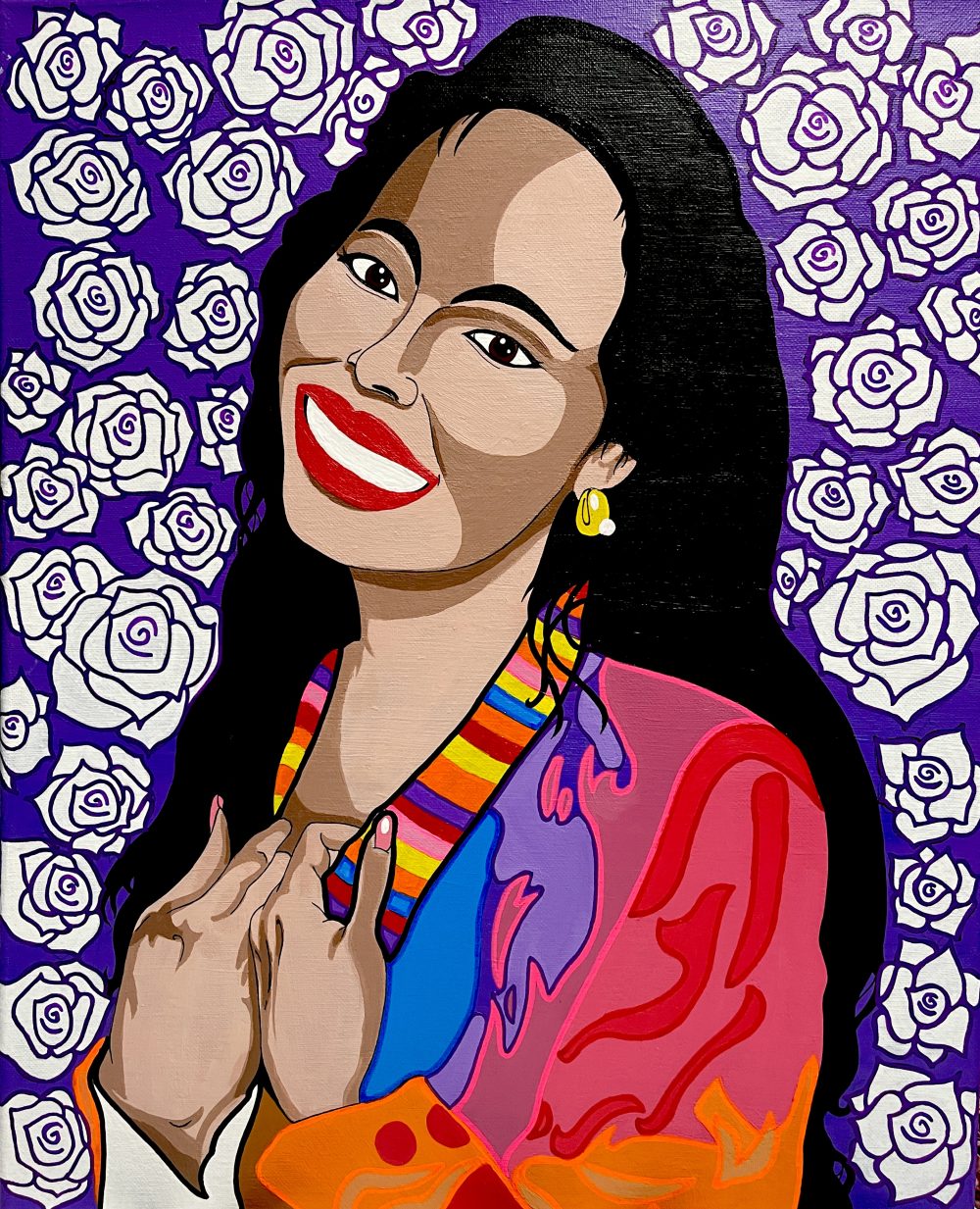 A painting of Selena Quintiallia using acrylic paint, pens, and a Sharpie with a rose backdrop.