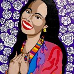 A painting of Selena Quintiallia using acrylic paint, pens, and a Sharpie with a rose backdrop.