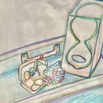 A multicolor drawing of jewelry and gemstones next to an hourglass, all resting on a windowsill.
