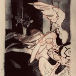 A drawing in black and white with red gesture lines of a biblically accurate angel in an office study.