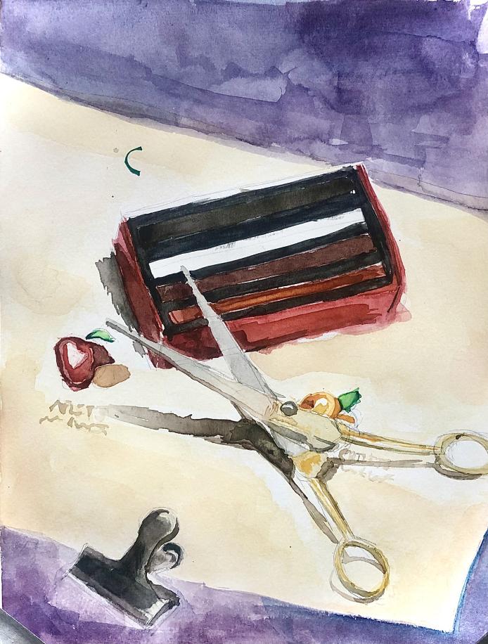 A multicolor painting of charcoal, a pair of scissors, fruit, and a metal clip on a purple and tan background.