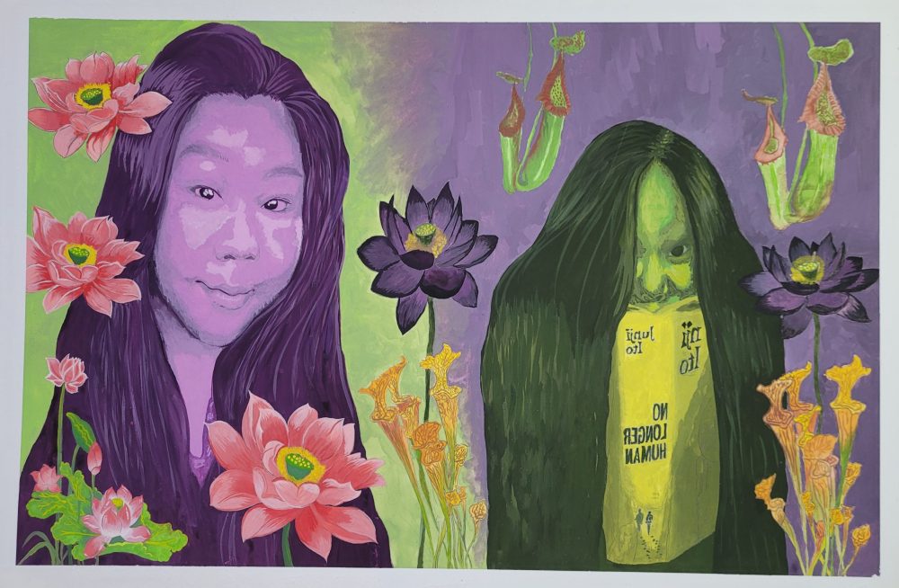 A painted self portrait of artist's dual identity. Bright gouache painting.