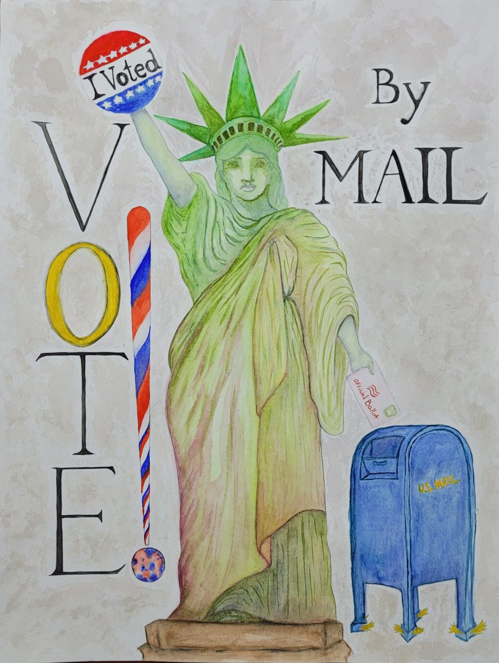 A watercolor portrait of Lady Liberty voting by mail.