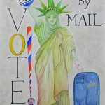 A watercolor portrait of Lady Liberty voting by mail.