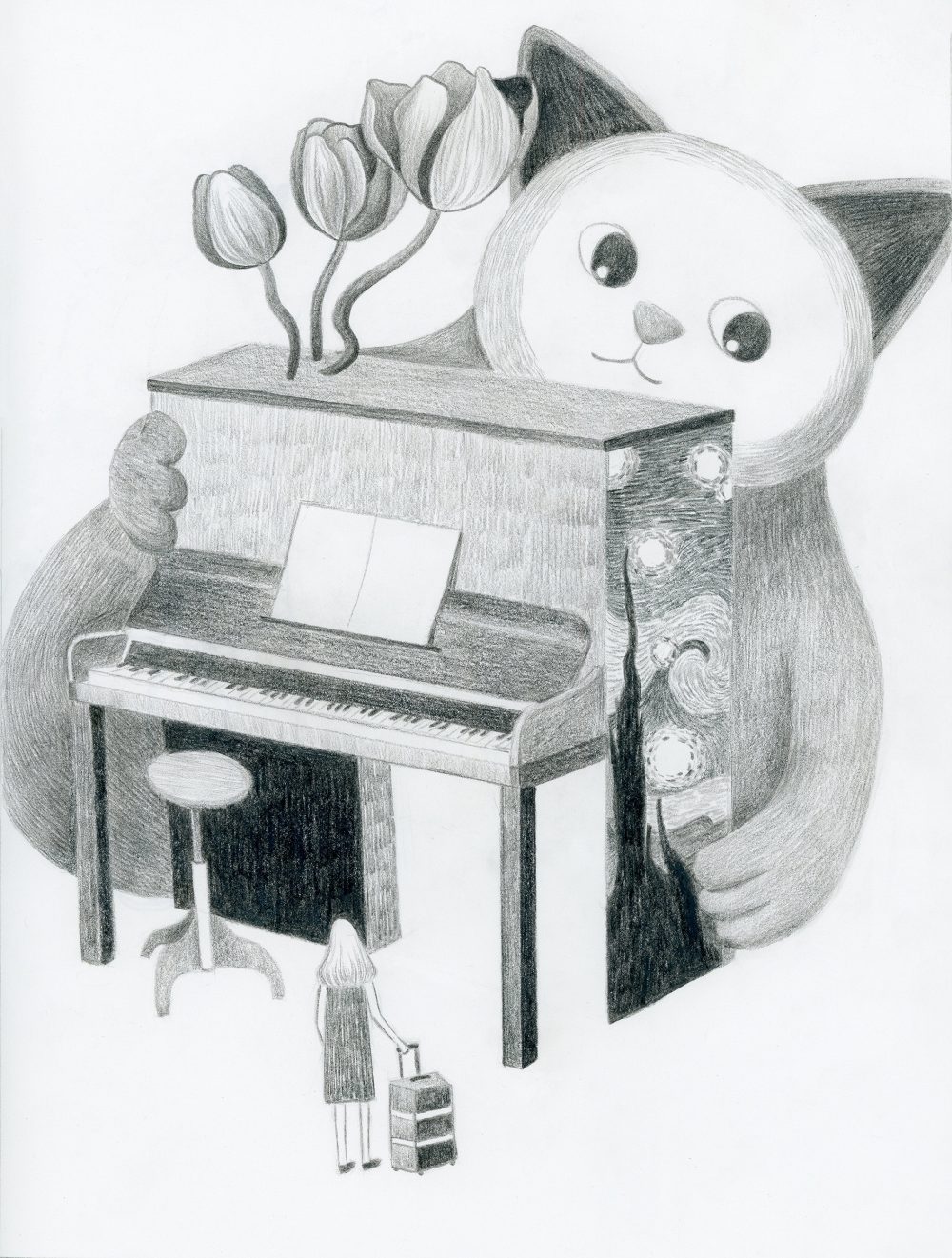 A pencil and charcoal drawing of five things that represents the artist by characteristic and interest: cat, flowers, music, painting, and travelling.