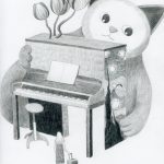 A pencil and charcoal drawing of five things that represents the artist by characteristic and interest: cat, flowers, music, painting, and travelling.