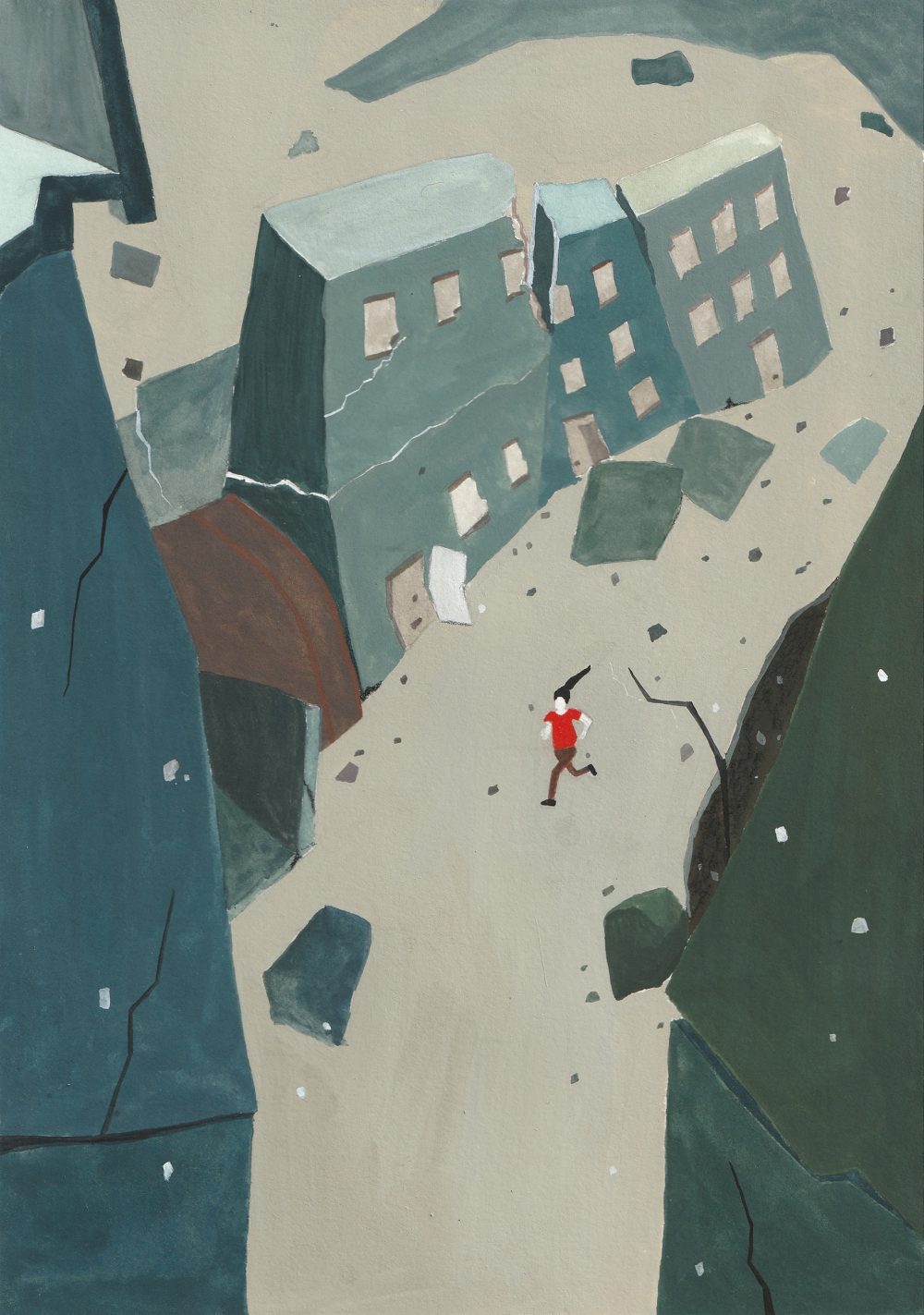 A gouache painting about a girl escaping as the world crumbles around her.