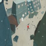 A gouache painting about a girl escaping as the world crumbles around her.