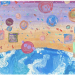 There is our earth on the orange and purple background, but it doesn't seem like it is the earth we know, there are a lot of buildings with bubbles around them in the universe, and there are fishes in the space, too.