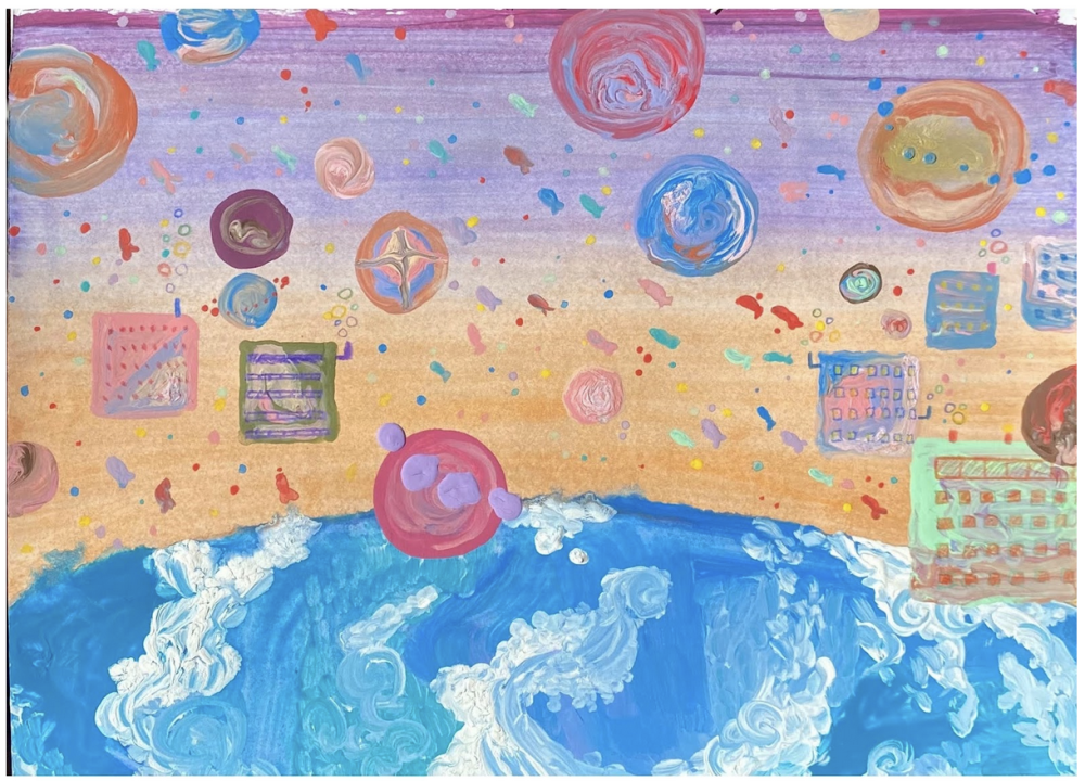There is our earth on the orange and purple background, but it doesn't seem like it is the earth we know, there are a lot of buildings with bubbles around them in the universe, and there are fishes in the space, too.