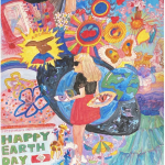 A painting of all of the artists favorite things: the earth, diary, butterfly, the sun, stickers, wrapping paper, flowers, stars, wings, eyes, apple tree, cat, fashion.