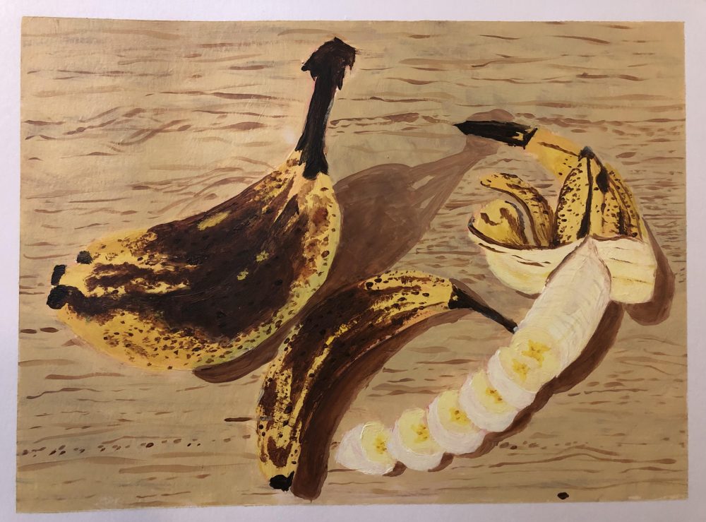 A painting of brown-and-yellow bananas on a pale brown wooden surface, three stood up in a bunch on the left, one on its side in the lower center, and one on the right that has been halfway peeled and cut into slices.