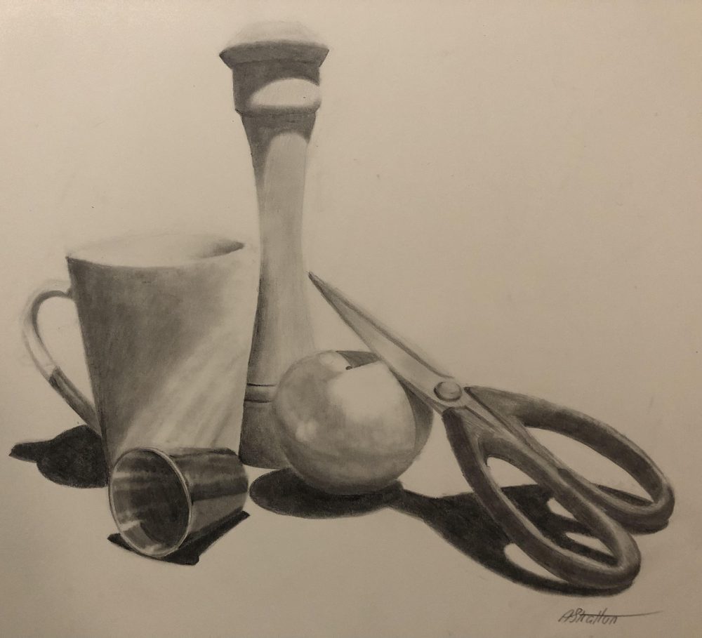 A still-life pencil drawing in black and white composed of a tall salt shaker in the background, overlaid by a ceramic mug, an apple being leaned on by a pair of scissors, and a small metal cup in the front.