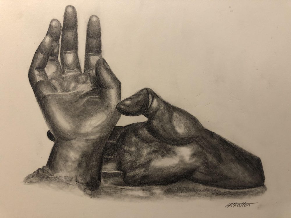 A black and white pencil drawing of two hands, made of a metallic material, one gently touching the wrist of the other in what is nearly a grip.