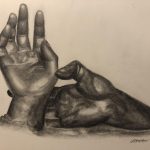 A black and white pencil drawing of two hands, made of a metallic material, one gently touching the wrist of the other in what is nearly a grip.