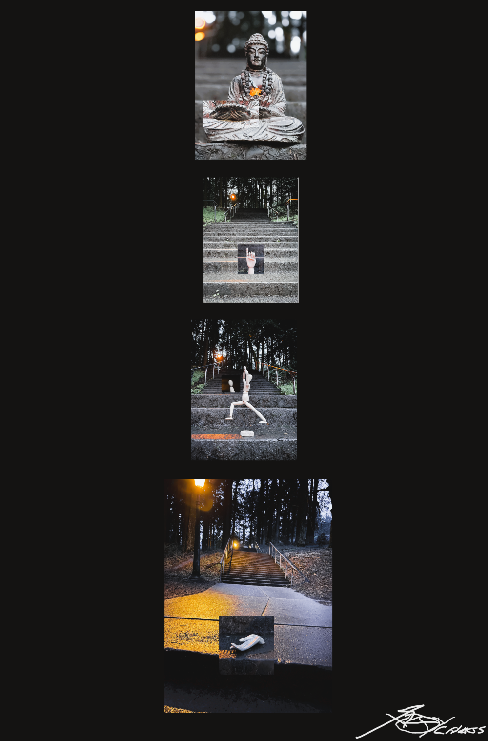 Four digital photos of a person (Budha), a wooden hand in a (made-up) Mudra, an artist form wooden in the pose of warrior, a wooden carved hand outstretched and turned palm side up.