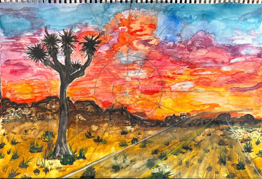 Watercolor of Joshua tree landscape at twilight and a highway going off into the distance with the overlay of the Integratrons ceiling as you would witness it laying down for a sound bath.