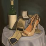 A still life painting of a light tan high heel, gold tie, wine bottle, and ring box with ring sitting on table covered by a light blue cloth.