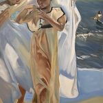 An oil painting of a boy holding up a towel for a girl as she exits the ocean with wet clothes.