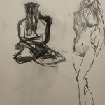 Drawing of a standing figure and a sitting figure.