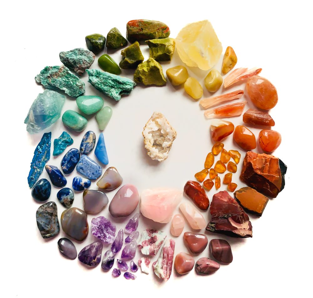 Photograph of the color wheel created from stones and crystals.
