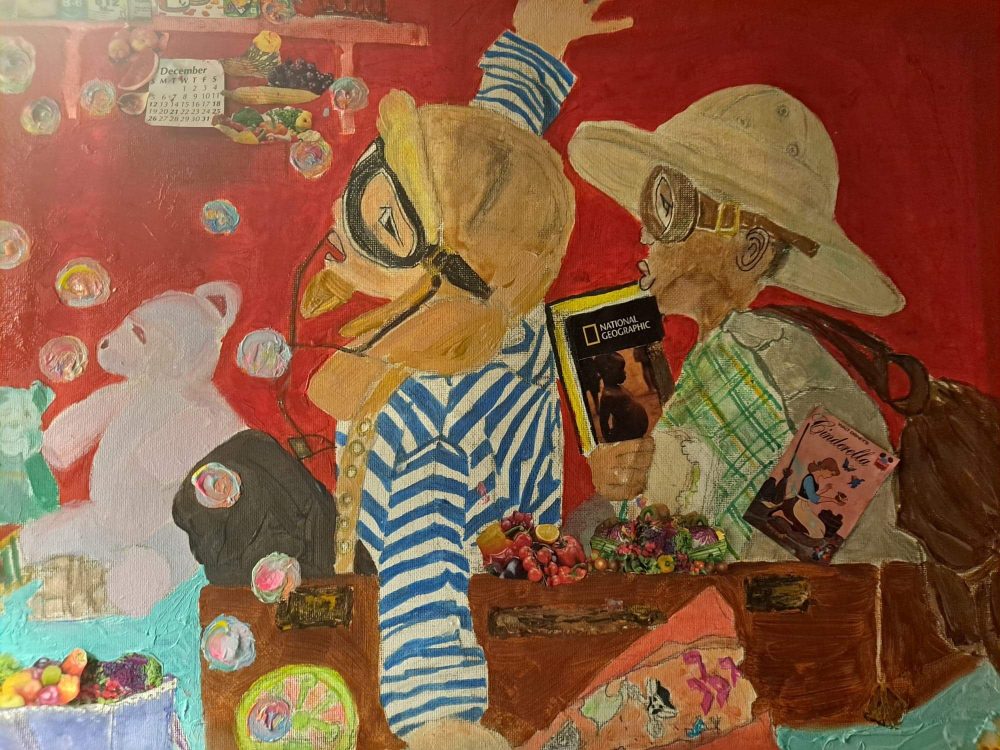 A mixed medium painting and collage of an explorer and a pilot with travel gear and books with a blood-red background.