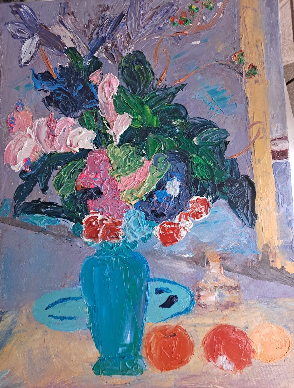 A still-life oil painting of a vase of flowers in pinks, greens, and blues, with a purple background, based on a painting by Cezanne.