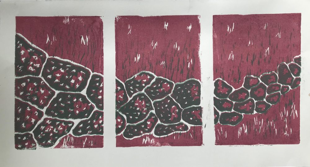 A meandering stone wall spans three panels, rendered abstractly in green, pink and white.