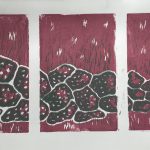 A meandering stone wall spans three panels, rendered abstractly in green, pink and white.