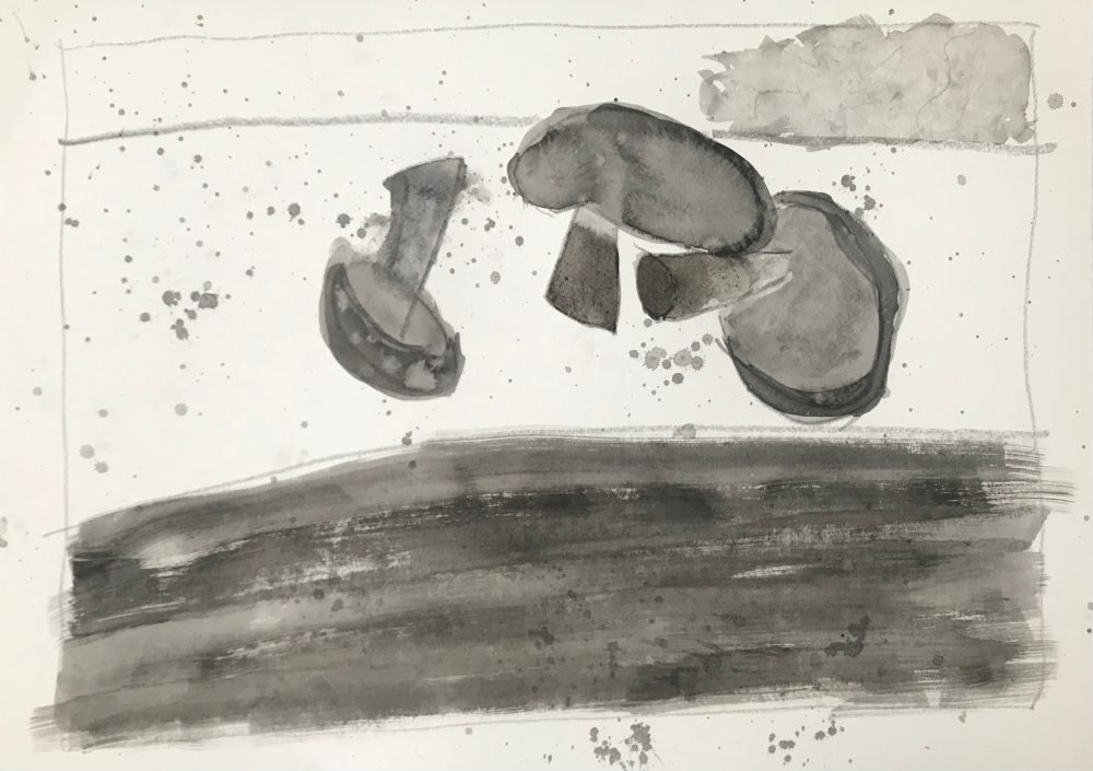 Ink drawing of three mushrooms perched casually on a porch railing, in shades of grey and black.