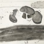 Ink drawing of three mushrooms perched casually on a porch railing, in shades of grey and black.