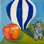 Painting of striped vessel with red apple and cat tchotchke.