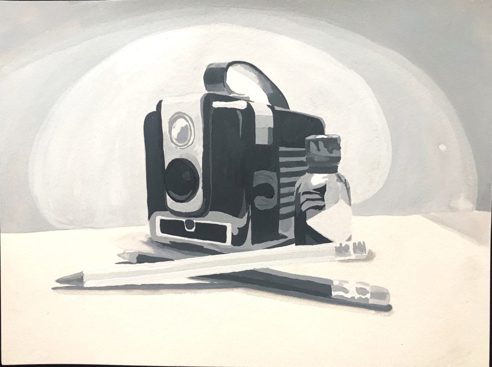Black and grey gouache still life of a vintage camera, pencils, and ink bottle.