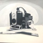 Black and grey gouache still life of a vintage camera, pencils, and ink bottle.