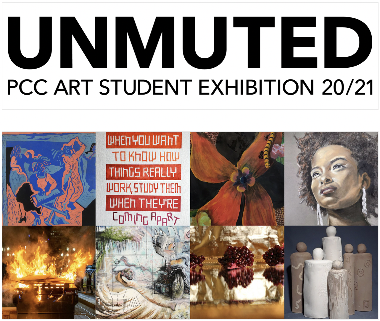 Exhibition title Unmuted with a collage of student art work.