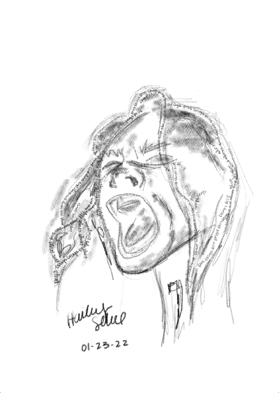 A drawing in black and grey of a girl screaming with overwhelming words around her.