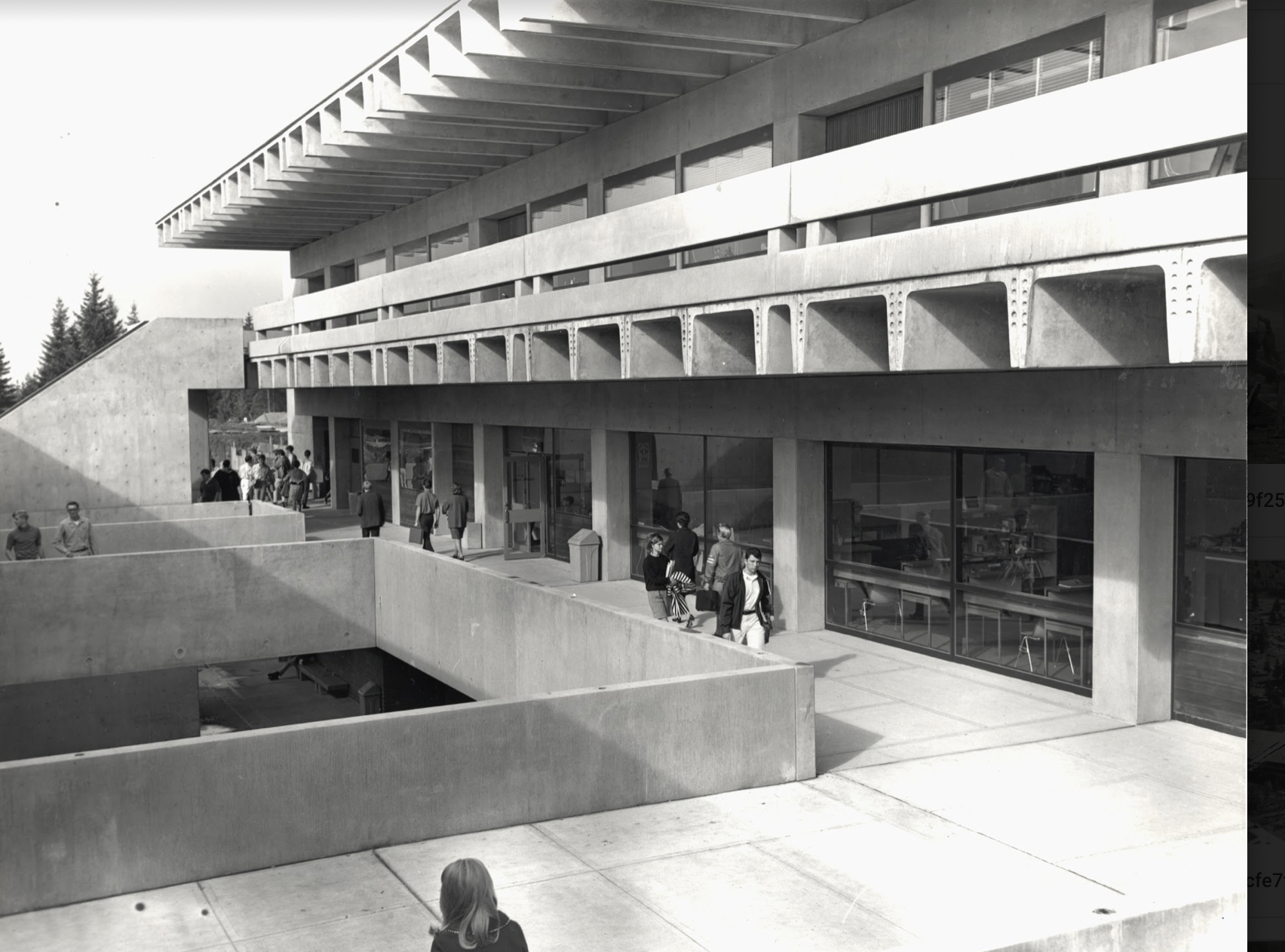 Black and white photograph of Brutalists building on the Sylvania campus.