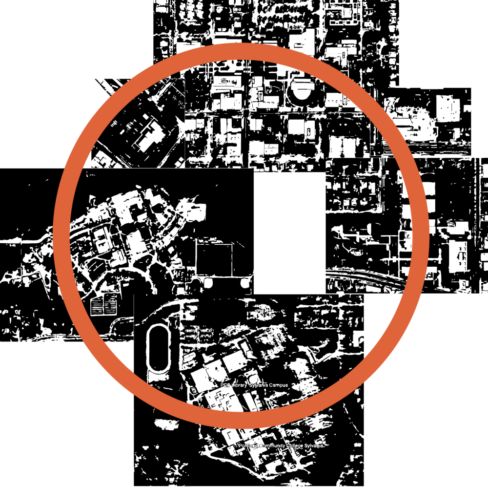 Map of PCC campuses with orange circle around them.