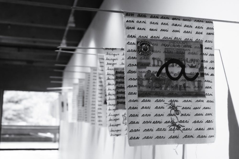 Black and white photographs of flags on a wall.