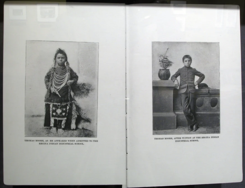Two photographs of a young boy, one in his Indigenous clothing, the other in a US military school uniform.