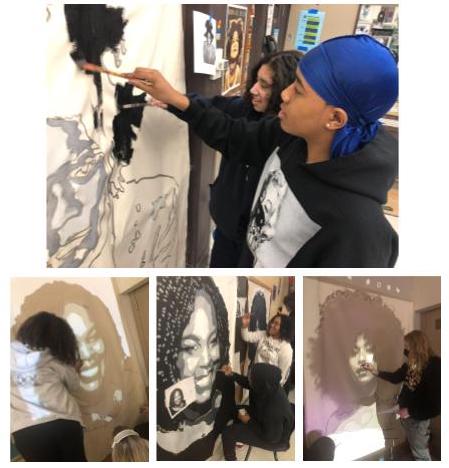 A composite of five photographs of students painting murals.