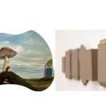 On the left, a painting of a landscape with a giant mushroom and human figures on a hill. On the right, a photograph of brown flat objects that look like frames hanging in a row on a wall.