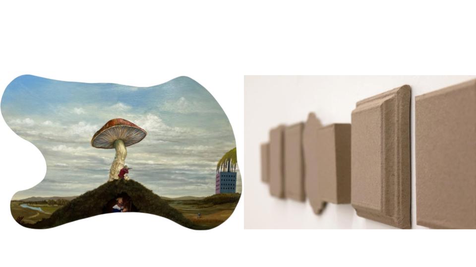 On the left, a painting of a landscape with a giant mushroom and human figures on a hill. On the right, a photograph of brown flat objects that look like frames hanging in a row on a wall. 