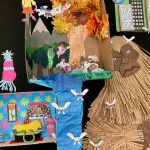 Detail of collage of landscape, city scape, and interior scenes, two-dimensional and three dimensional, installed on a black wall.