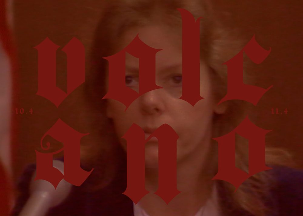 Photograph of the face of a woman in front of a microphone. Red text is superimposed across the photograph reading Volcano, 10.4 - 11.4.