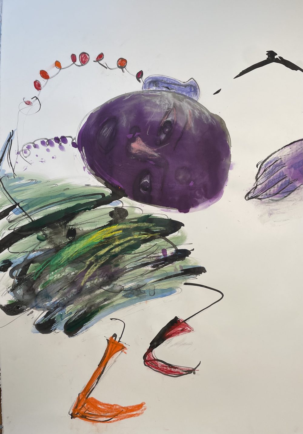 Purple head and intense, angry lines making up the figures body.