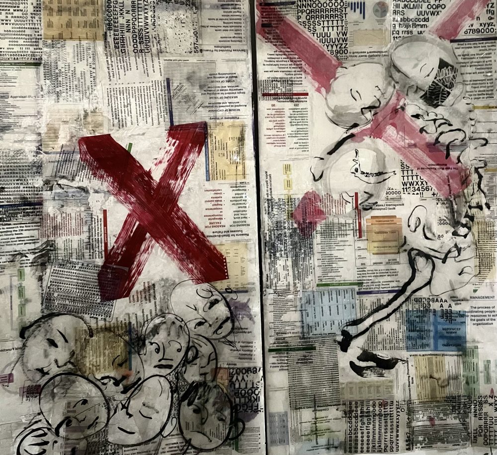 Two banners with words and people and red Xs.