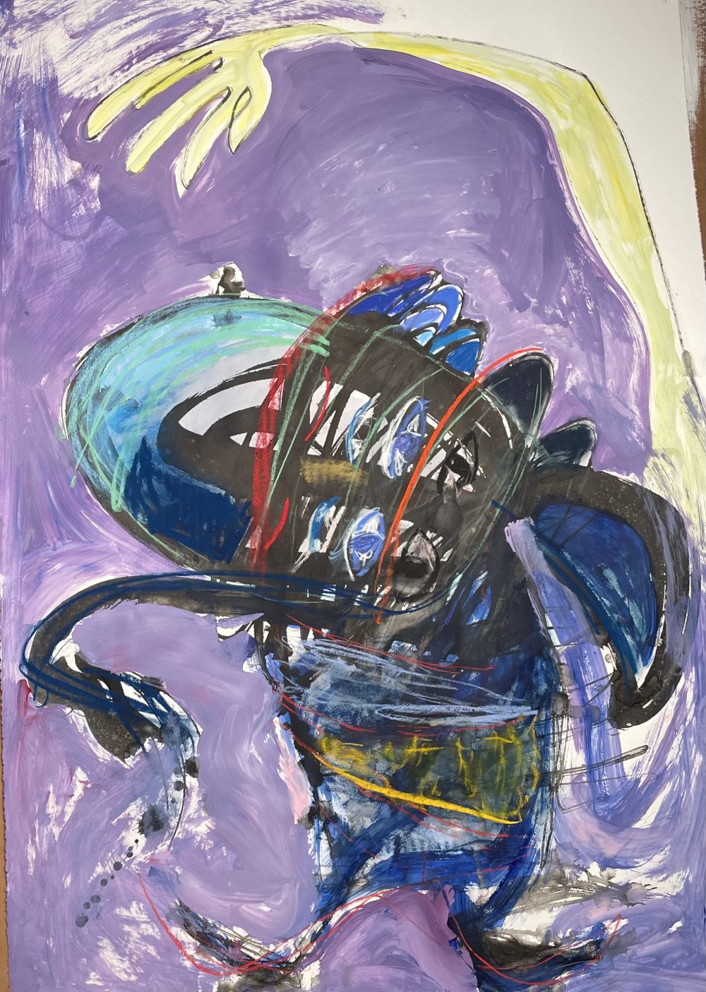 Painting of figure on purple background.